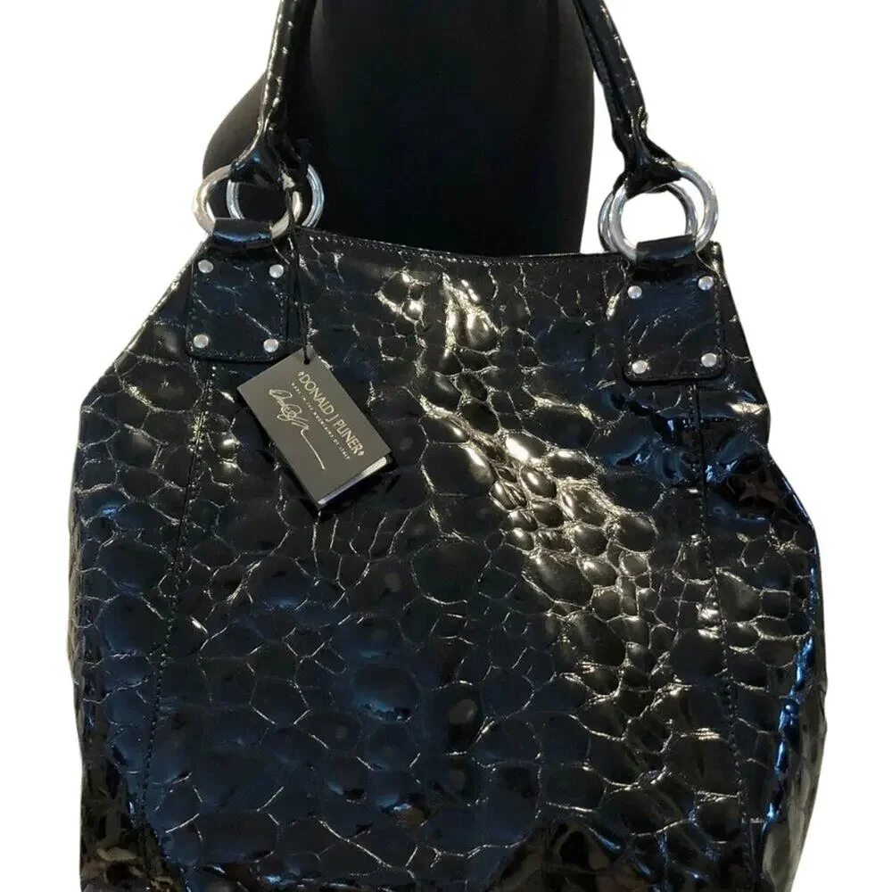 Donald Pliner Black Tortoise Leather Purse Handbag New Large Tote Shopper $795